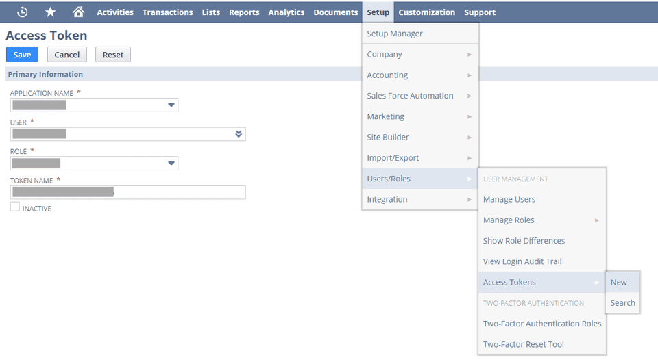 Access token settings in Netsuite