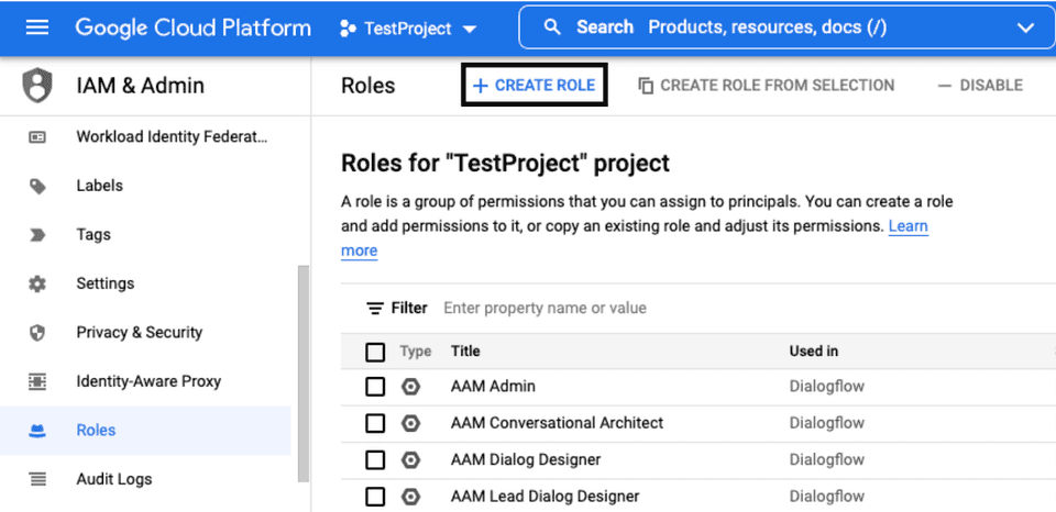 Google Cloud Platform dashboard create role